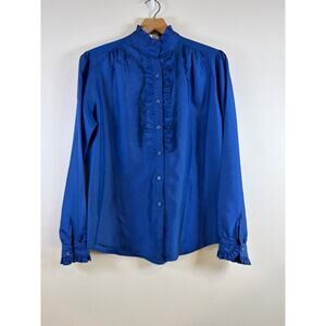 Vintage 1980's "Shapely" Royal Blue Floral Ruched Pleated Neckline Blouse